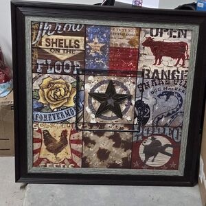 Rustic Western Star Framed Wall Art - Red, Blue, Brown